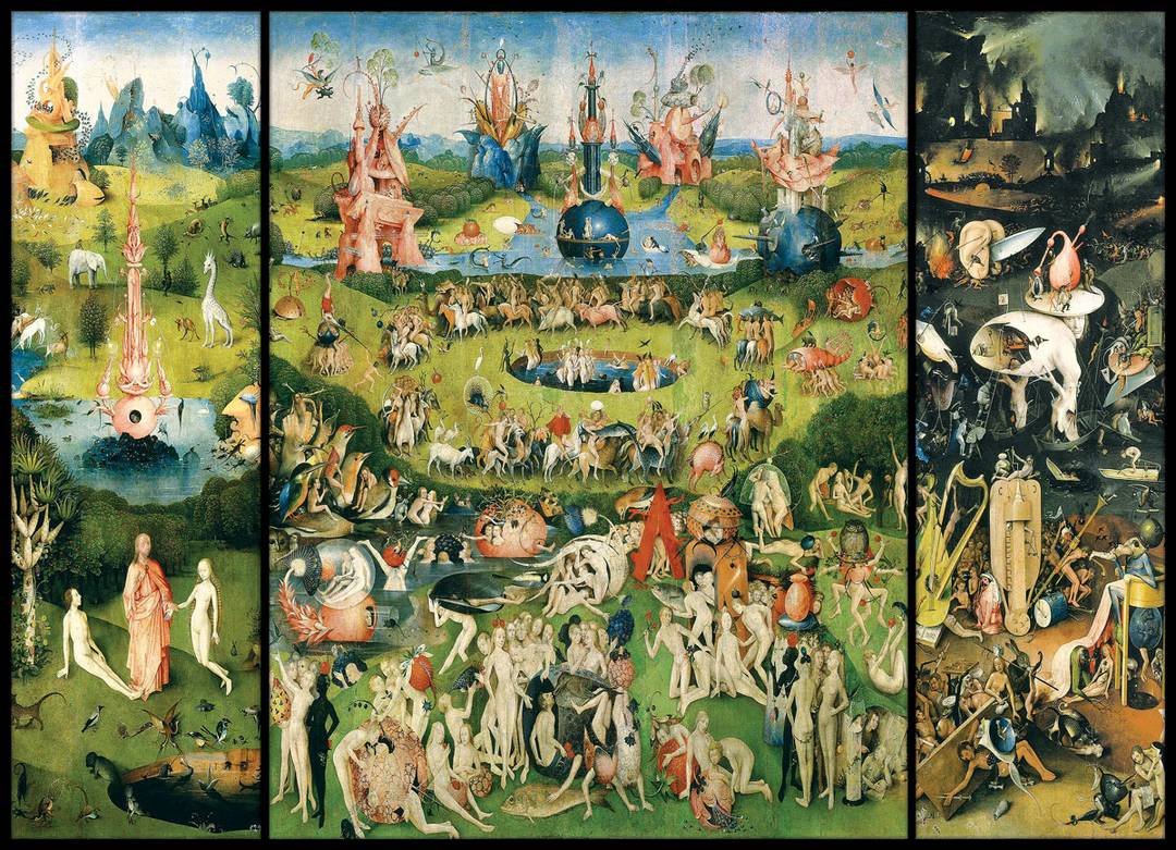 Triptych artwork with scenes from the Garden of Earthly Delights by Hieronymus Bosch.