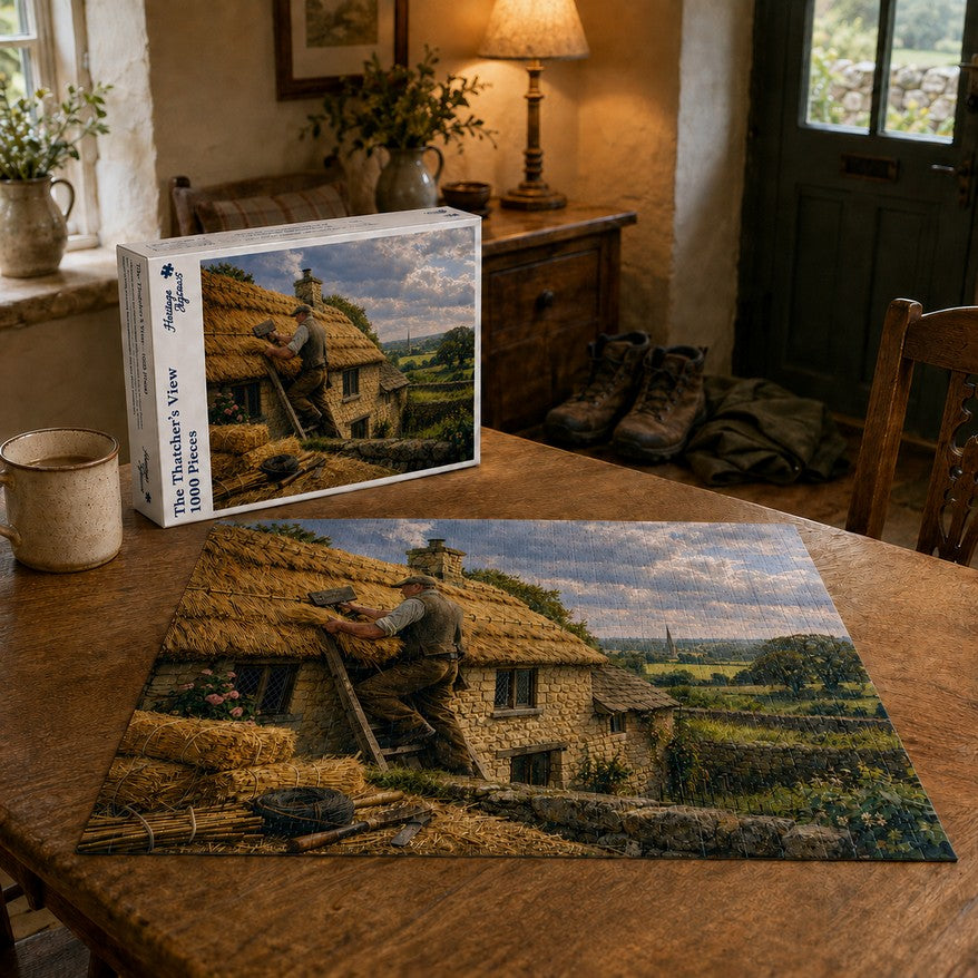Heritage Jigsaws The Thatcher's View, 1000-piece jigsaw puzzle lifestyle image