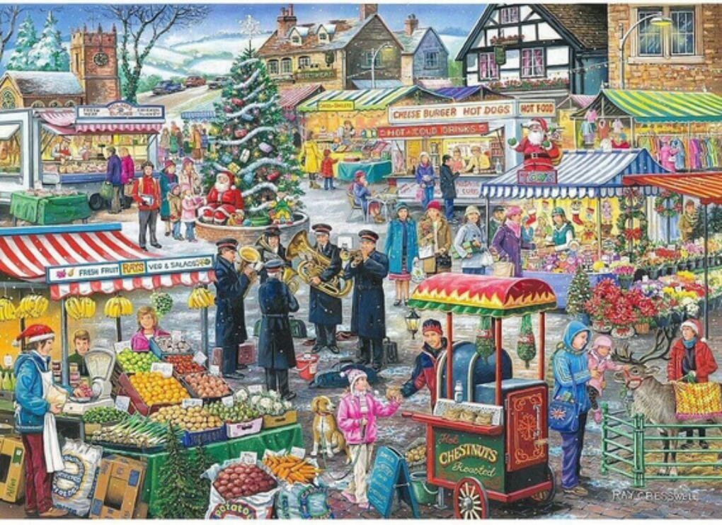 Colorful market scene with people and stalls in a village setting