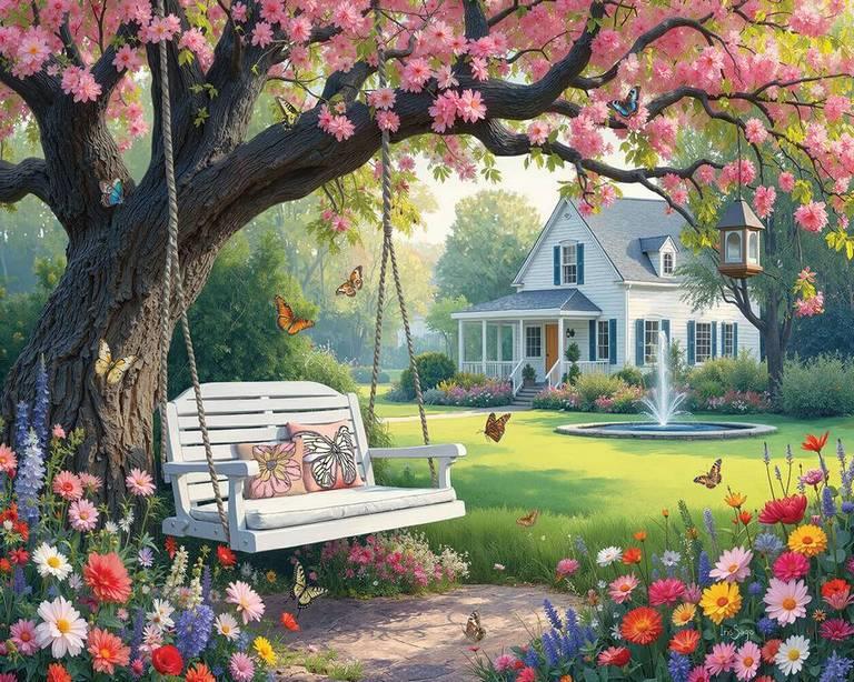 White Mountain - Under Pink Blooms - 1000 Piece Jigsaw Puzzle