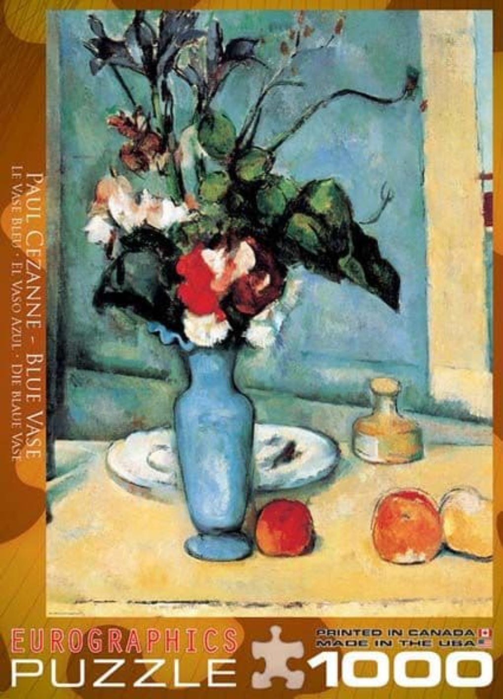 A 1000 piece jigsaw puzzle depicting a still life scene with a blue vase, flowers, and fruit, based on the artwork 'Blue Vase' by Paul Cezanne.