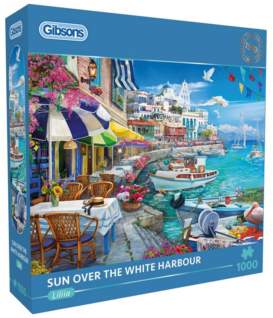 Gibsons puzzle box titled 'Sun Over the White Harbour' with a coastal scene on the cover.
