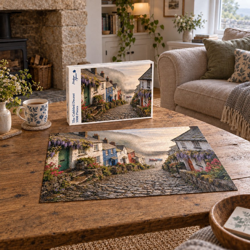 Heritage Jigsaws The Cobbled Descent, 1000-piece jigsaw puzzle lifestyle image