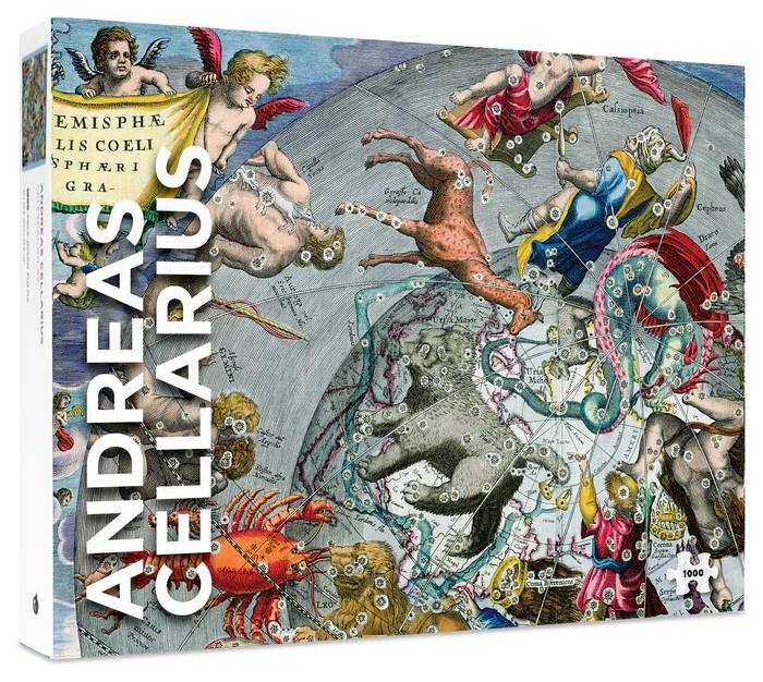 Jigsaw puzzle box with classical celestial design and 'Andreas Cellarius' branding.
